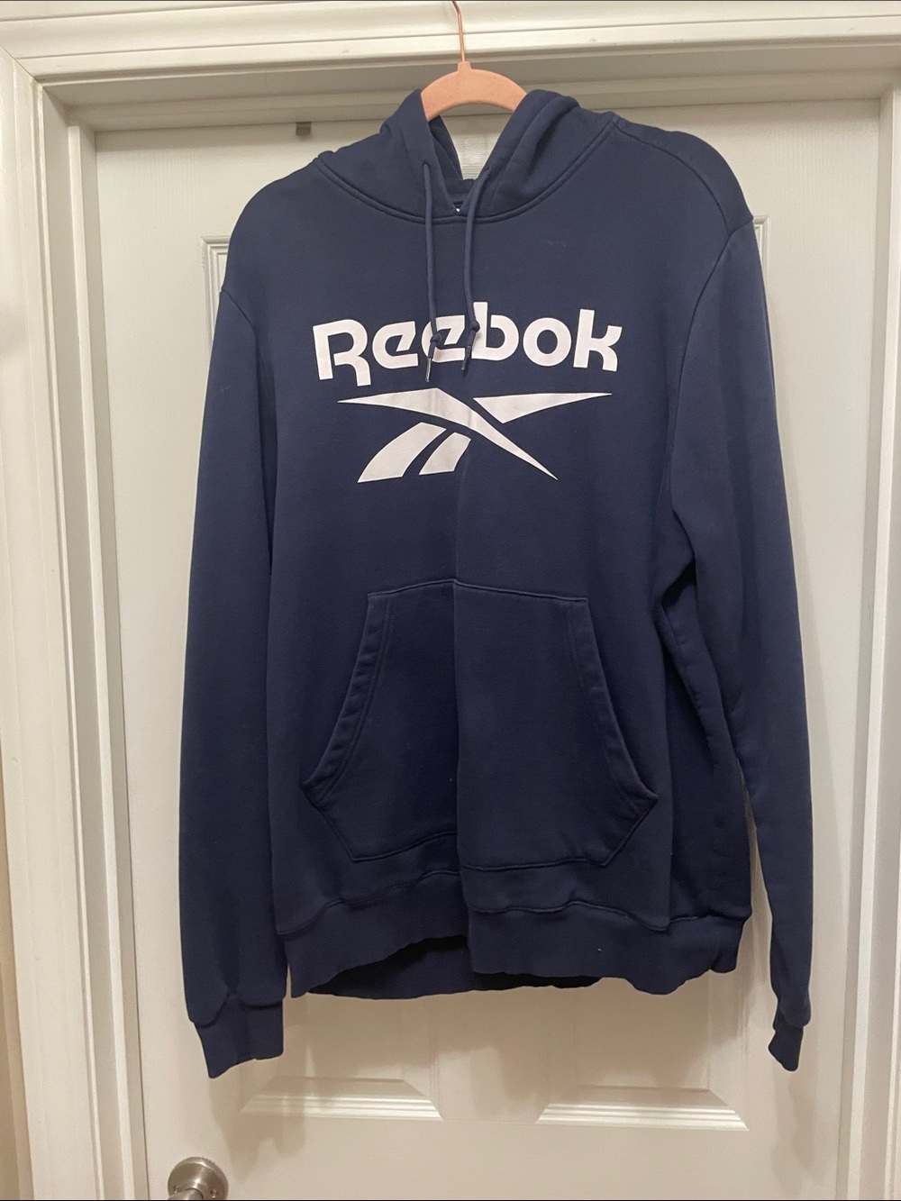Reebok Navy Pullover Hoodie with White Logo athletic basketball retro preppy